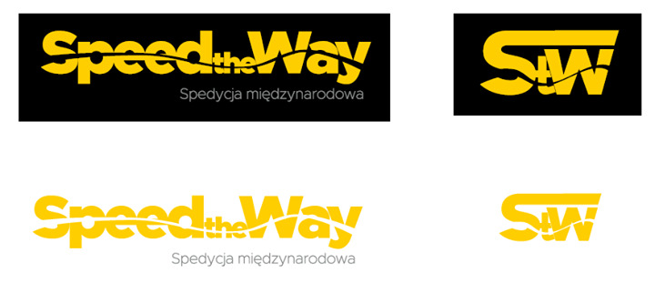 Żółto-czarne logo firmy spedycyjnej SpeedtheWay z napisem 'Spedycja międzynarodowa' pod spodem oraz skrócona wersja logo 'StW'.