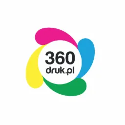 Logo firmy drukarskiej z numerem 360 i adresem druk.pl wewnątrz białego koła otoczonego przez abstrakcyjne, kolorowe kształty w kolorach magenta, żółty, błękitny i zielony.