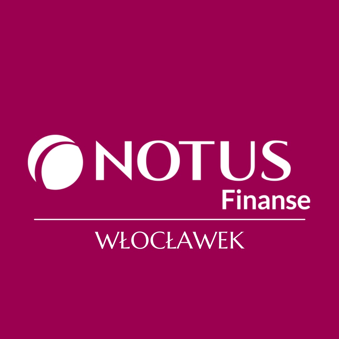 Logo firmy Notus Finanse Włocławek na purpurowym tle.