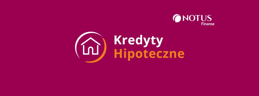 Logo firmy Notus Finanse prezentujące ofertę kredytów hipotecznych z symbolem domu w okręgu, na purpurowym tle.