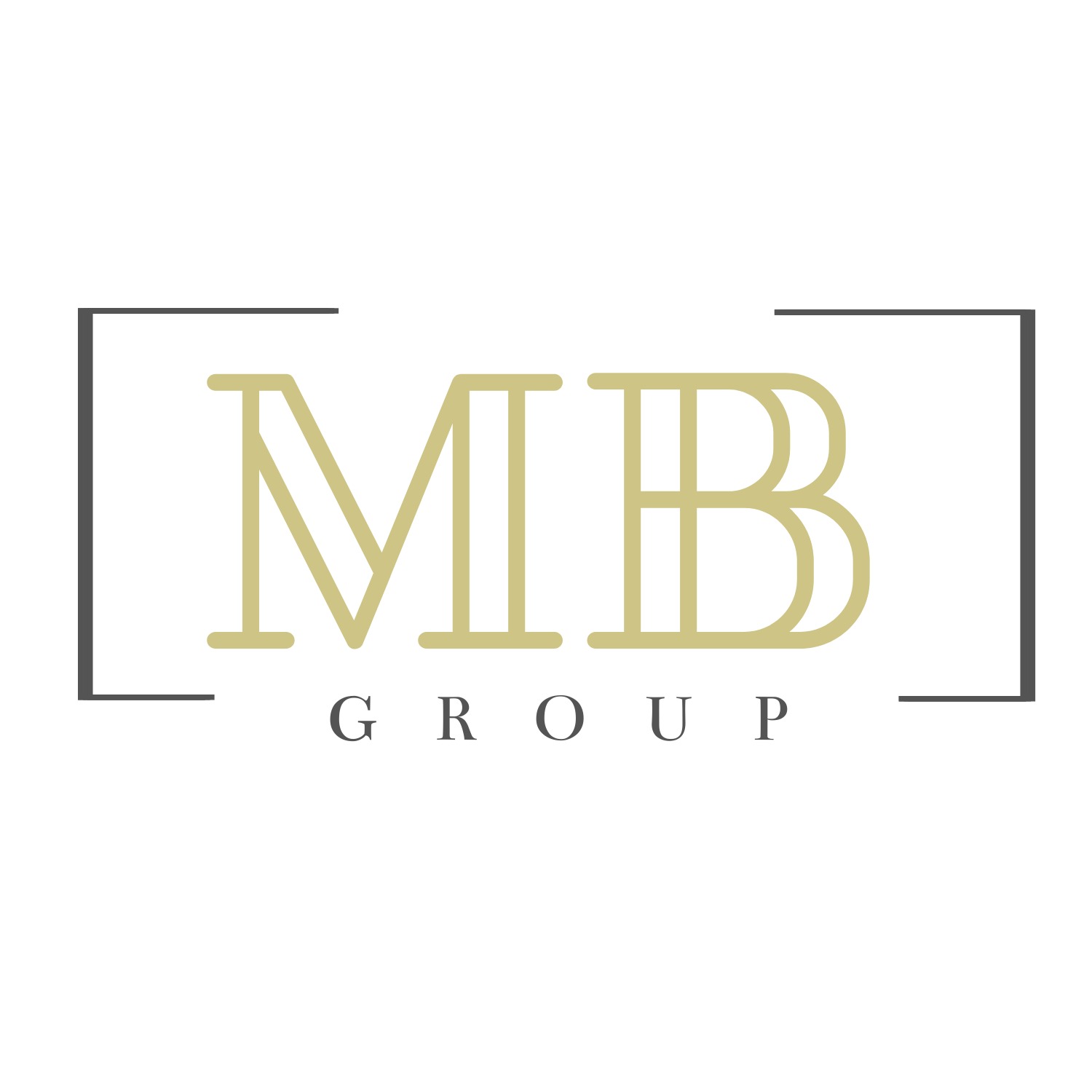 Eleganckie logo firmy MB Group z geometrycznym motywem, litery w odcieniach złota wpisane w czarną ramkę, nazwa firmy pod literami.