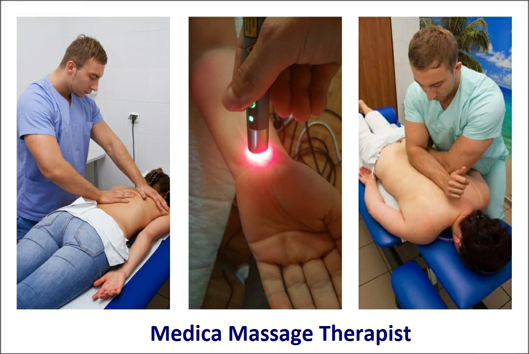 Tryptyk przedstawiający: masaż pleców wykonywany przez mężczyznę w niebieskim uniformie, dłoń poddawana terapii światłem lasera oraz masaż ramion z użyciem łokcia na niebieskim leżaku.