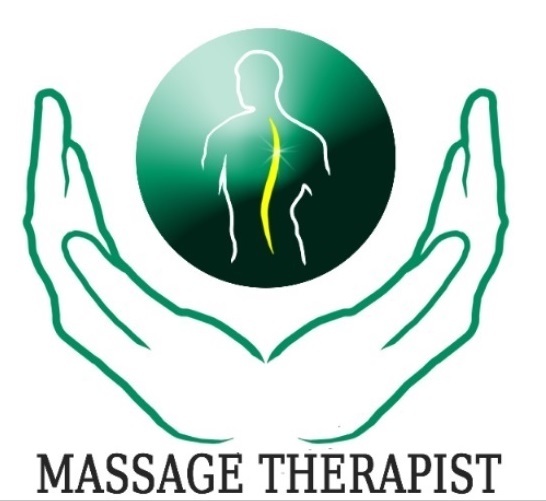 Logo z zielonymi dłońmi obejmującymi sylwetkę pleców z zaznaczonym kręgosłupem na zielonym tle, tekst 'MASSAGE THERAPIST' pod spodem.