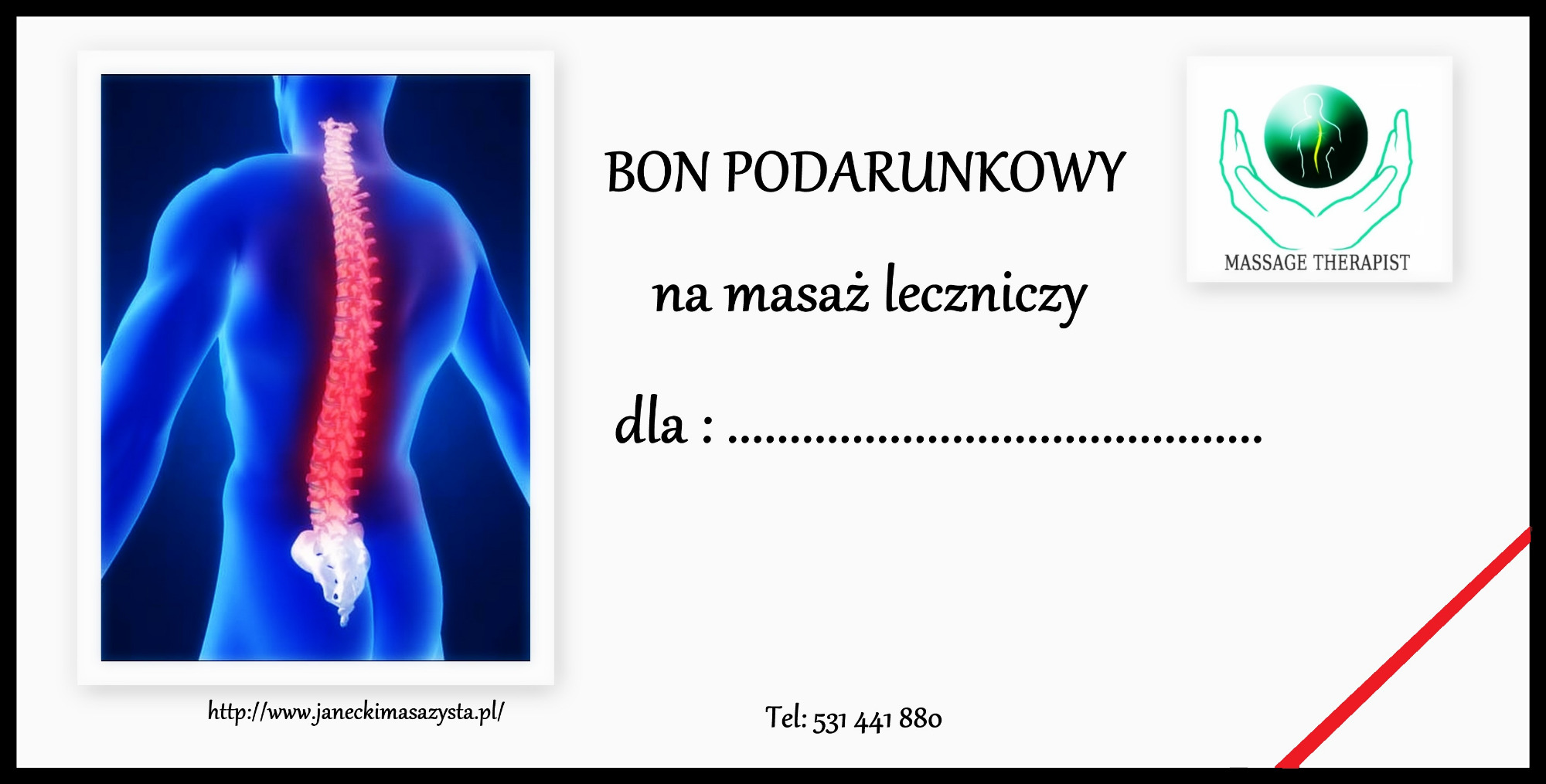 Bon podarunkowy na masaż leczniczy z ilustracją kręgosłupa i logo firmy.