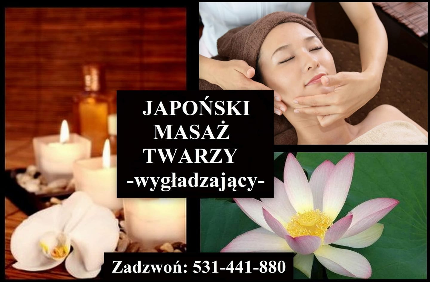 Kompozycja zdjęć: kobieta podczas japońskiego masażu twarzy, płonące świece z orchideą, kwiat lotosu i numer telefonu