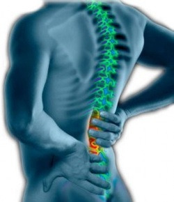 Ilustracja cyfrowa przedstawiająca plecy mężczyzny z zaznaczonym kręgosłupem w kolorach zieleni i błękitu, z czerwoną strefą bólu w dolnej części pleców, gdzie dłonie pacjenta wskazują na obszar...