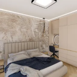 Kremowa sypialnia w Katowicach z łóżkiem z beżowym zagłówkiem, wzorzystą tapetą w odcieniach beżu i brązu, toaletką z okrągłym lustrem podświetlanym LED i ciemnoniebieskim krzesłem na kółkach.
