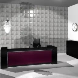 Wizualizacja recepcji biurowej z bordowym panelem frontowym, czarną obudową, designerską lampą wiszącą i ścianą z kwadratowych paneli 3D.