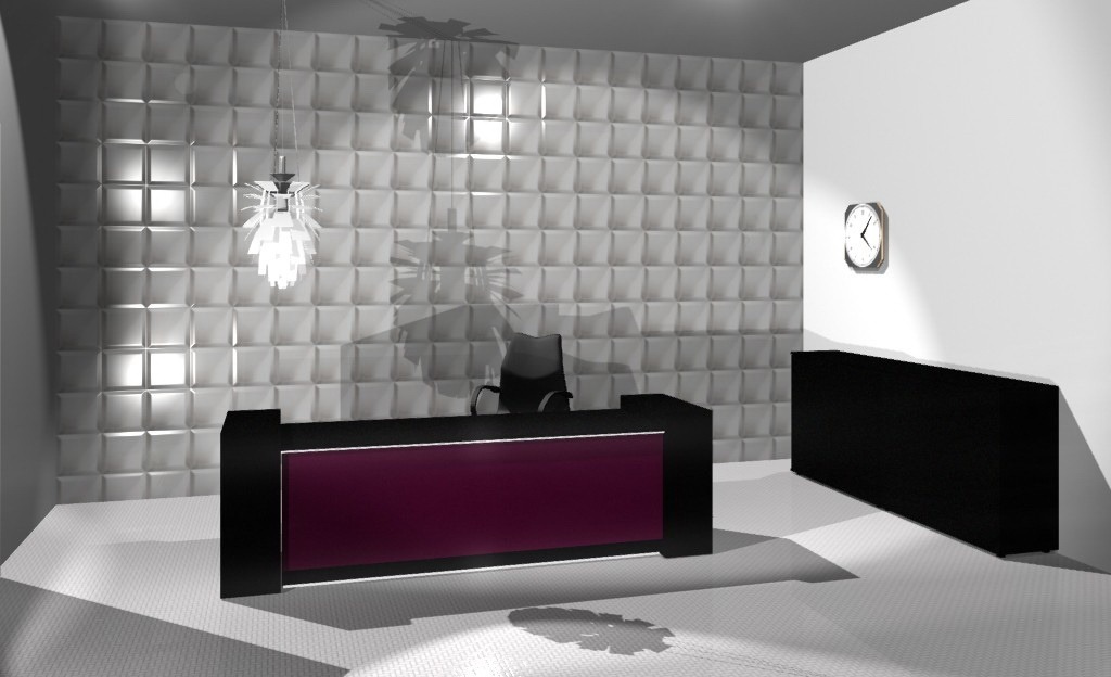 Wizualizacja recepcji biurowej z bordowym panelem frontowym, czarną obudową, designerską lampą wiszącą i ścianą z kwadratowych paneli 3D.