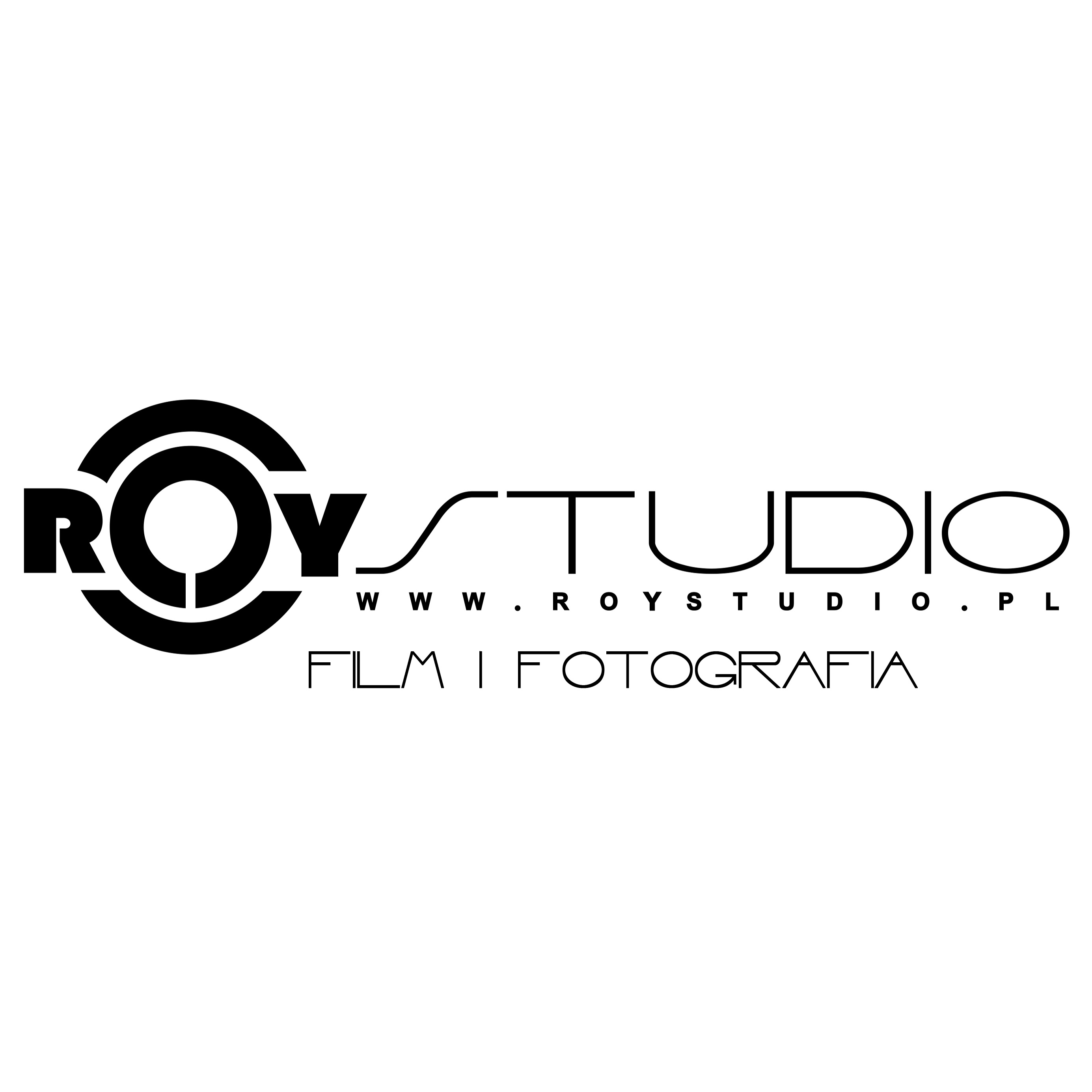 Czarne logo studia filmowego i fotograficznego ROYSTUDIO z adresem strony internetowej i napisem FILM | FOTOGRAFIA na białym tle.