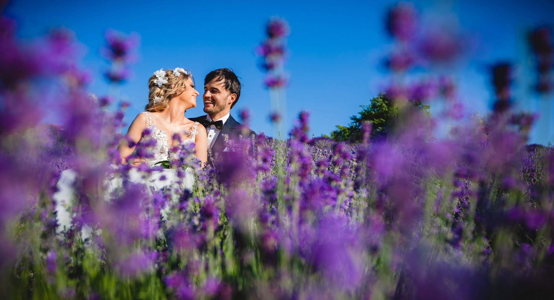 Uśmiechnięta para narzeczeńska w strojach ślubnych w polu kwitnącej lawendy, panna młoda z wiankiem z białych kwiatów we włosach, kontrastowe ujęcie w słoneczny dzień.