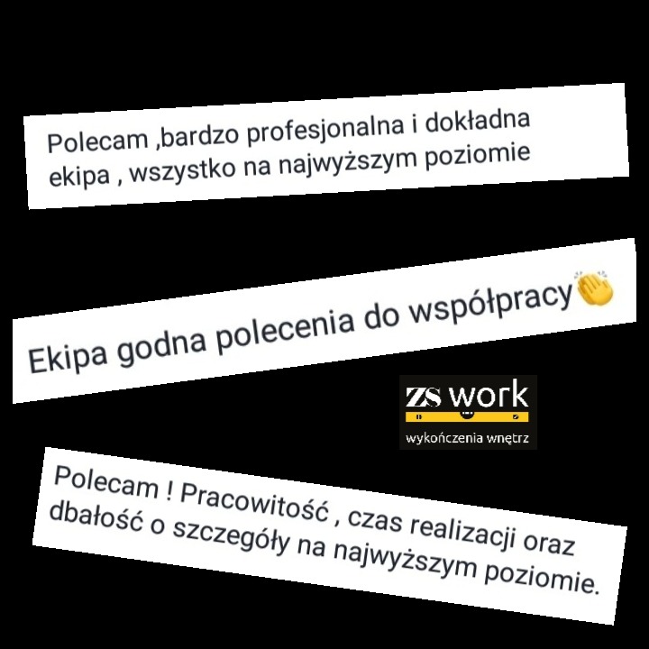 Zrzut ekranu z pozytywnymi opiniami klientów o firmie wykończeniowej ZS Work, podkreślającymi profesjonalizm, dokładność, pracowitość i dbałość o szczegóły.