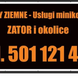 Czarno-pomarańczowa tablica reklamowa z napisem 'ROBOTY ZIEMNE - Usługi minikoparką ZATOR i okolice Tel. 501 121 466' oraz logo firmy z minikoparką.
