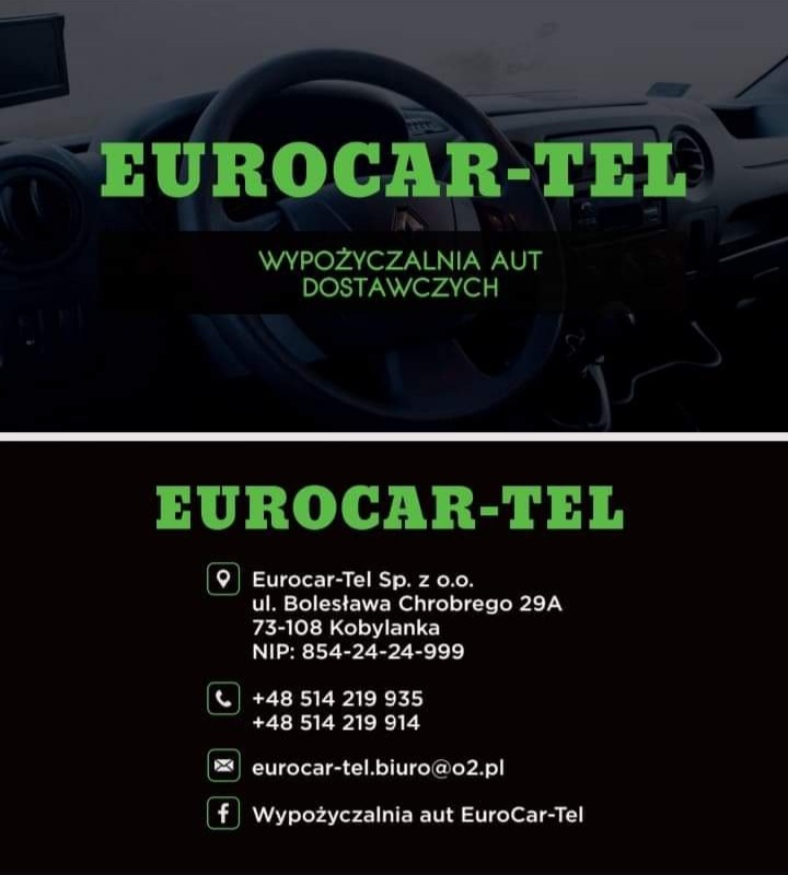 Wnętrze kabiny samochodu dostawczego z widoczną kierownicą i deską rozdzielczą, nałożony tekst reklamowy 'EUROCAR-TEL WYPOŻYCZALNIA AUT DOSTAWCZYCH' oraz dane kontaktowe firmy.