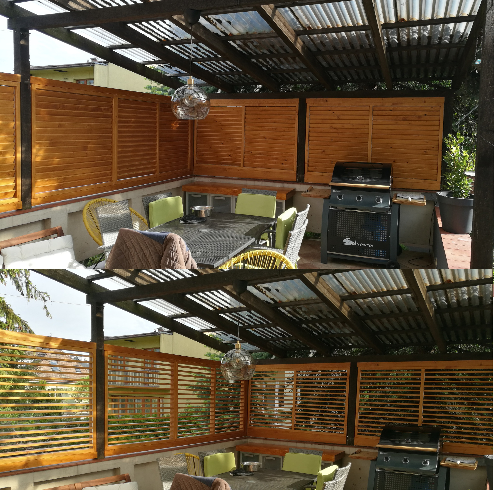 Zadaszony taras z drewnianymi panelami lamelowymi, grillem i meblami ogrodowymi, oświetlony wiszącą lampą w kształcie kuli.
