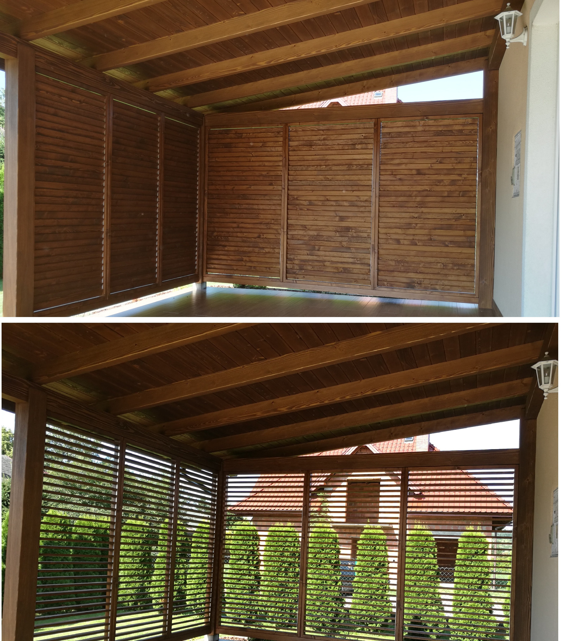 Drewniana konstrukcja z żaluzjami zewnętrznymi, widok z wewnątrz zadaszonego tarasu, jasne oświetlenie dzienne.