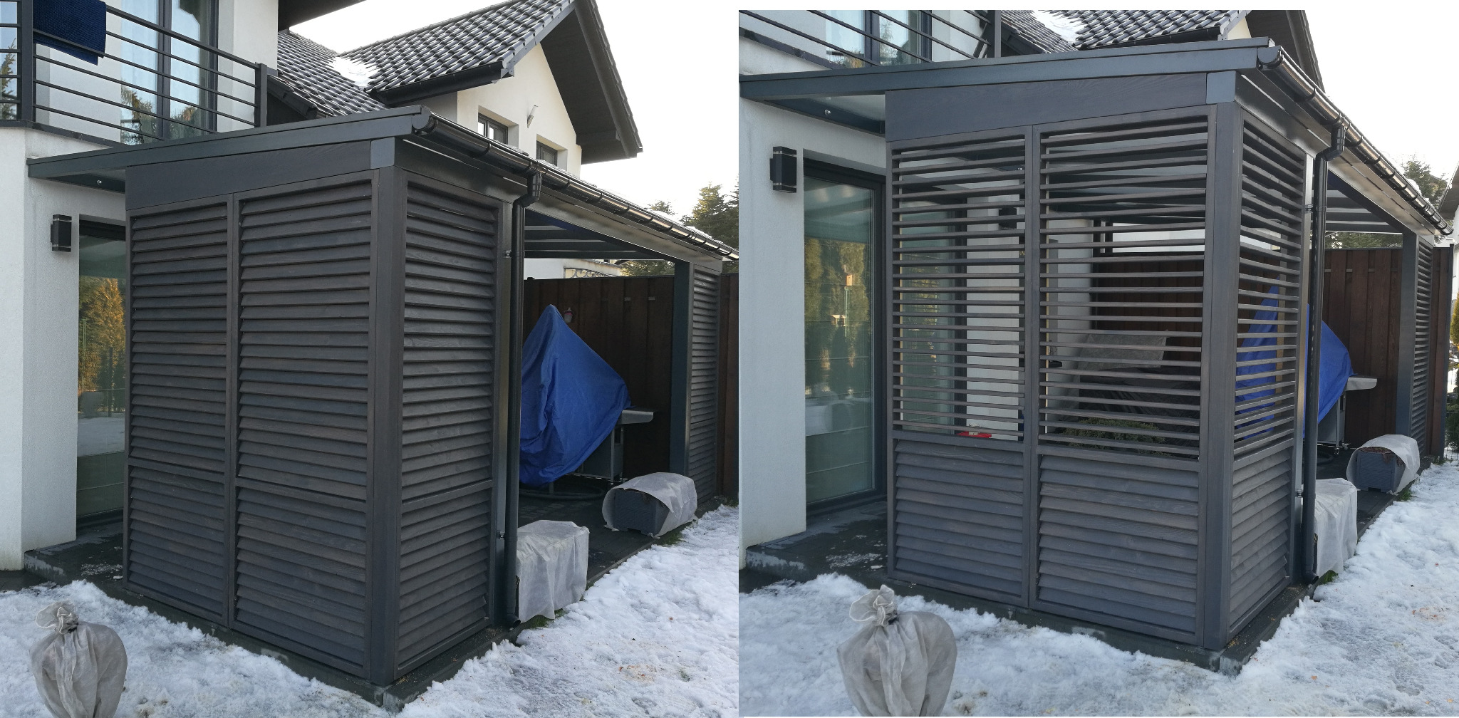 Zadaszona, otwarta altana z drewnianymi żaluzjami w kolorze grafitowym, częściowo zasłonięta, na tle domu w zimowej scenerii.
