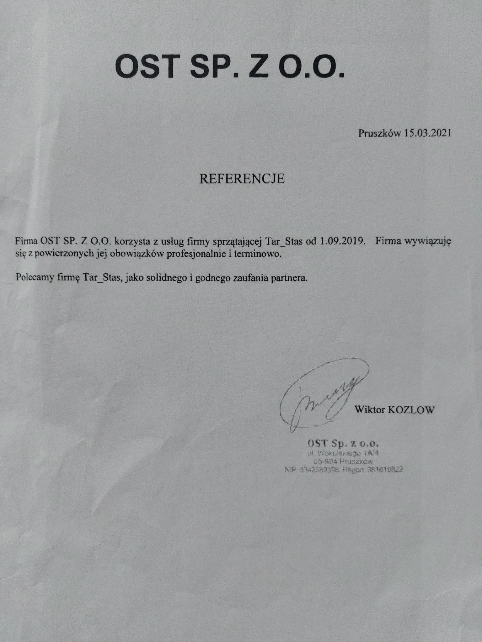 Skan referencji dla firmy sprzątającej Tar_Stas od OST Sp. z o.o. z datą 15.03.2021, podpisane przez Wiktora Kozłowa, z pieczęcią firmy.