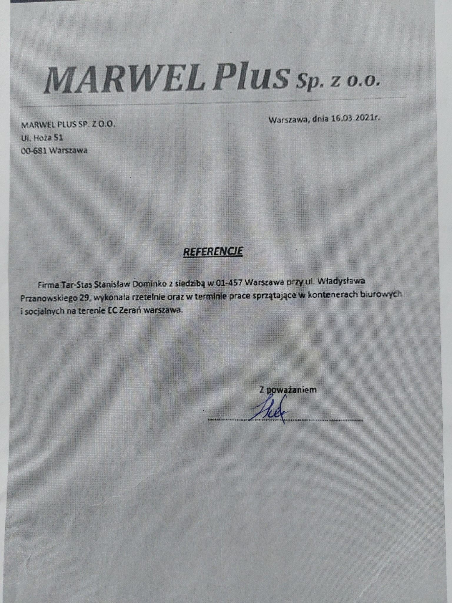 Skan dokumentu referencyjnego od firmy Marwel Plus Sp. z o.o. potwierdzający wykonanie prac sprzątających w kontenerach biurowych i socjalnych na terenie EC Zerań przez firmę Tar-Stas Stanisław...