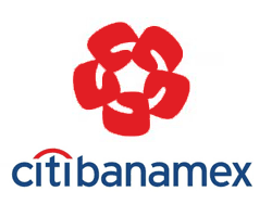 Logo CitiBanamex: czerwony, abstrakcyjny kwiat z sześciu płatków nad nazwą firmy w kolorze niebieskim.