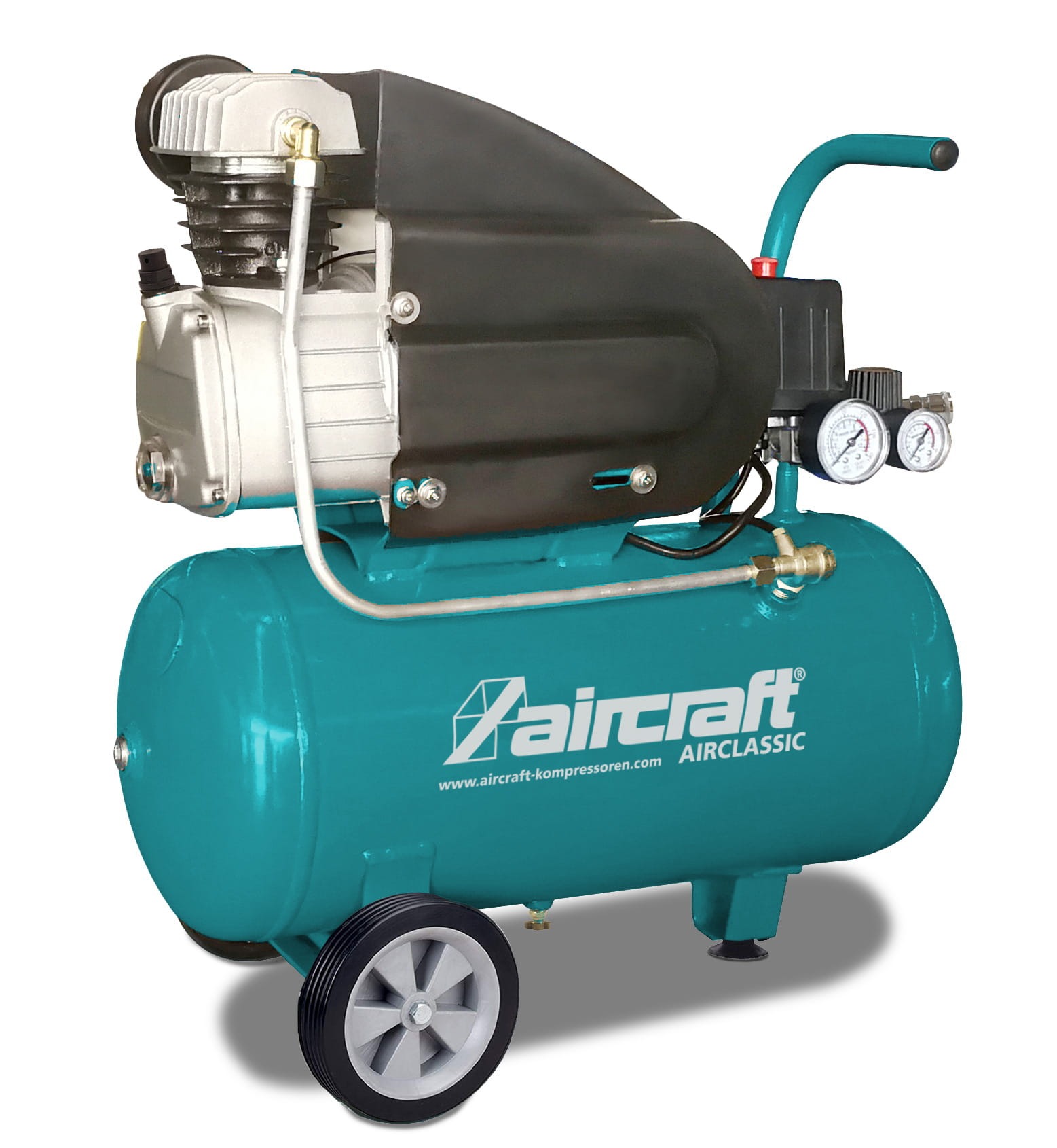 Niebiesko-szary kompresor powietrza Aircraft z dwoma manometrami, widoczne logo i strona internetowa producenta.