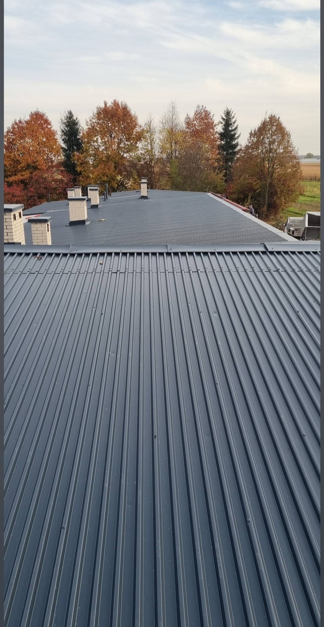 Szary dach z blachy trapezowej, widok z góry, kominy z cegły, jesienne drzewa w tle, pochmurne niebo. Charakterystyczne żłobienia blachy.
