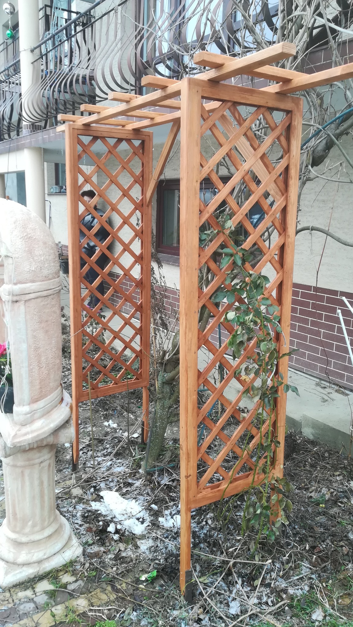 Nowa drewniana konstrukcja z kratownicą w ogrodzie, z fragmentami śniegu na ziemi i pnącą rośliną. W tle widoczny budynek z balkonem.