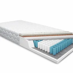 Przekrój materaca z widocznymi warstwami: pikowana tkanina, pianka, warstwa kokosowa i sprężyny kieszeniowe w niebieskich i białych pokrowcach.