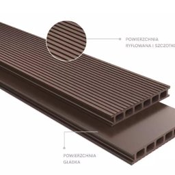 FHU Heda Adam Heda - Przekrój brązowych desek kompozytowych: górna ryflowana i szczotkowana, dolna gładka, obie z widocznymi komorami.