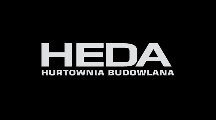 Logo firmy HEDA, hurtownia budowlana, biały napis na czarnym tle.