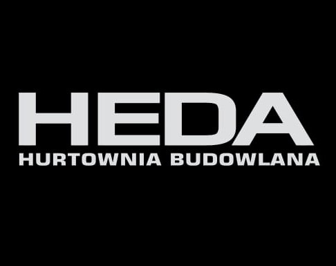 Logo firmy HEDA, hurtowni budowlanej, białe napisy na czarnym tle.