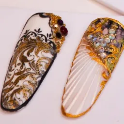 Precyzyjne zbliżenie na trzy sztuczne paznokcie z unikalnymi zdobieniami: czarno-złoty ornament na białym tle z czerwonymi i złotymi kryształkami, białe prążki z opalizującymi kryształkami...