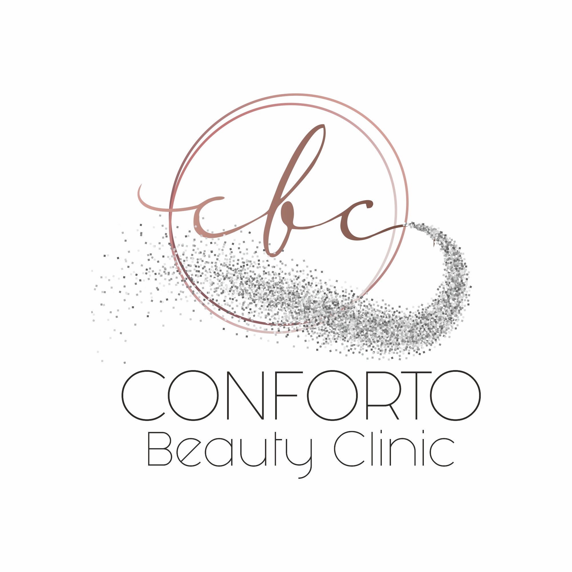 Logo Conforto Beauty Clinic z inicjałami 'fc' w okręgu z różowego złota, otoczone srebrnym brokatem.