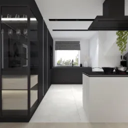 Nowoczesna kuchnia w czerni i bieli z wyspą, szklaną witryną z oświetlonymi półkami, widok na okno z roletą rzymską i wiszącą rośliną.