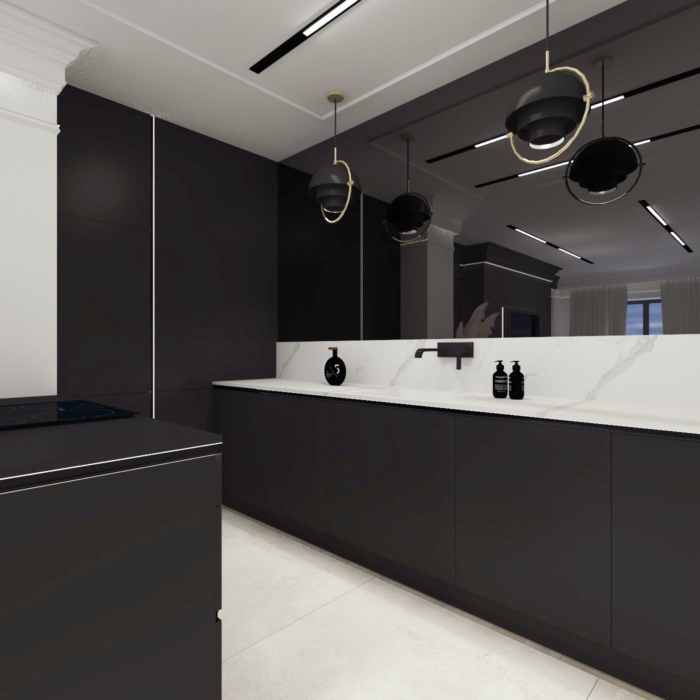 Wizualizacja czarnej kuchni z białym blatem, wiszącymi lampami z elementami złota i minimalistyczną armaturą, odbicie w lustrze ukazuje dalszą część pomieszczenia.