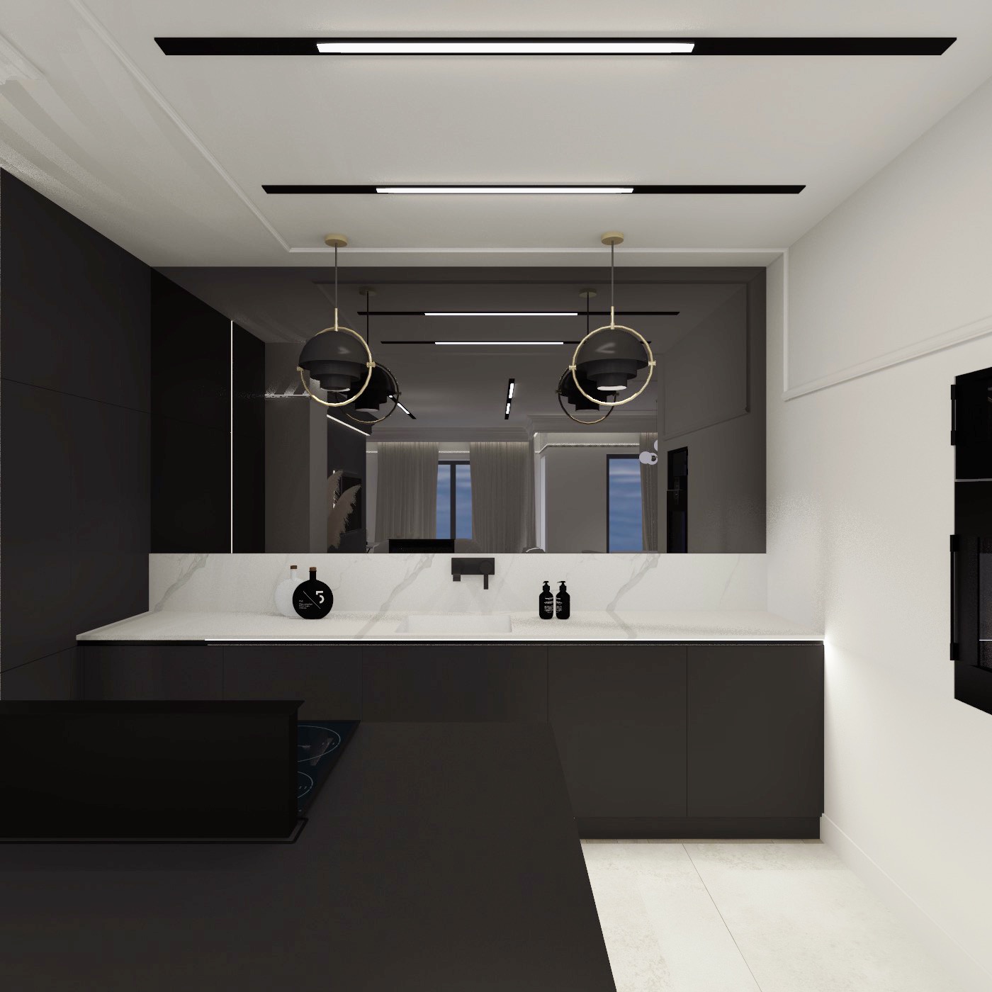 Nowoczesna, czarno-biała kuchnia z wyspą, oświetleniem sufitowym LED i wiszącymi lampami z elementami złota, odbijająca się w lustrzanej ścianie.