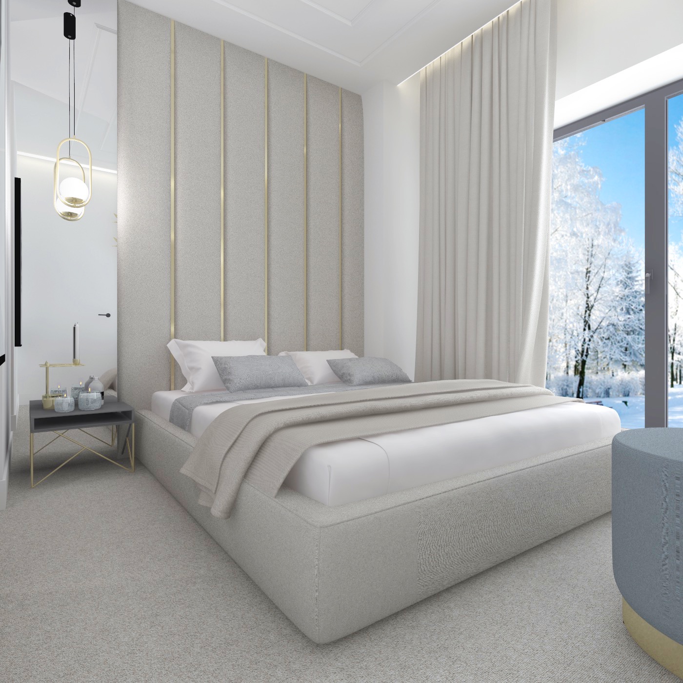Jasna sypialnia z łóżkiem kontynentalnym, tapicerowanym zagłówkiem z pionowymi, złotymi akcentami, stolikiem nocnym z dekoracjami i widokiem na zimowy krajobraz za oknem.