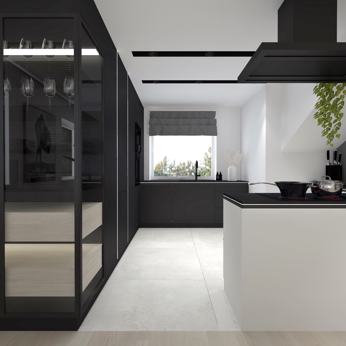 Nowoczesna kuchnia w czerni i bieli z wyspą, szklaną witryną z oświetlonymi półkami, widok na okno z roletą rzymską i wiszącą rośliną.