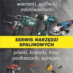 Plakat reklamowy z podziałem na serwis elektronarzędzi akumulatorowych (wiertarki, szlifierki, młotowiertarki) i serwis narzędzi spalinowych (pilarki, kosiarki, kosy, podkaszarki, agregaty).