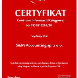 Certyfikat Centrum Informacji Księgowej dla S&M Accounting sp. z o.o. z datą wydania 15.09.2020, potwierdzający pozytywną weryfikację usług księgowych.