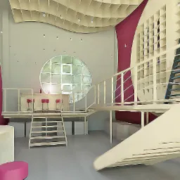 Wizualizacja wnętrza baru z półkami na butelki, okrągłym oknem i schodami, utrzymana w kolorystyce bieli i fuksji.