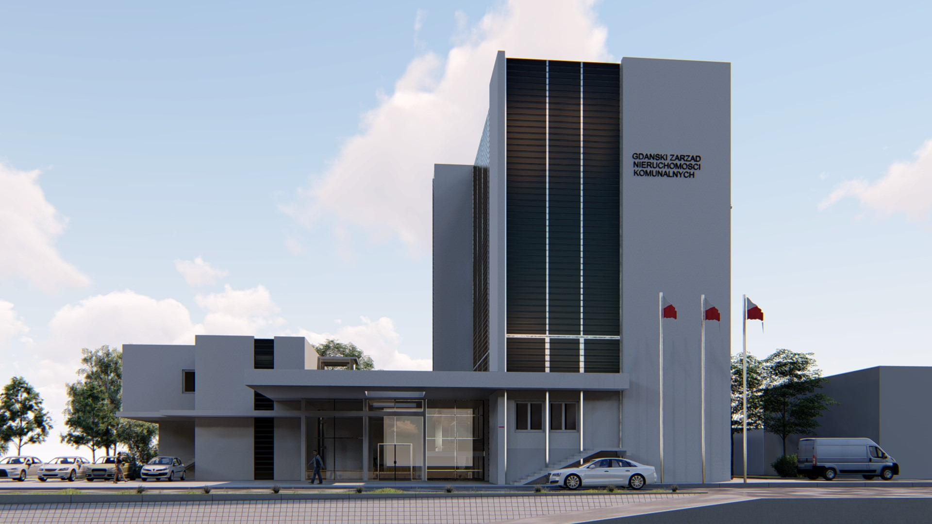Wizualizacja budynku Gdańskiego Zarządu Nieruchomości Komunalnych z trzema flagami Polski, samochodami osobowymi i dostawczym na parkingu.