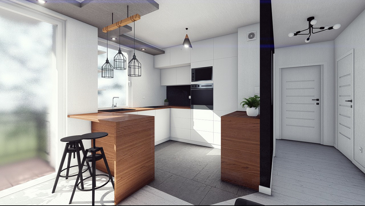 Wizualizacja nowoczesnej kuchni z białymi szafkami, drewnianym blatem i wyspą, czarnymi hokerami oraz designerskimi lampami wiszącymi w stylu industrialnym.