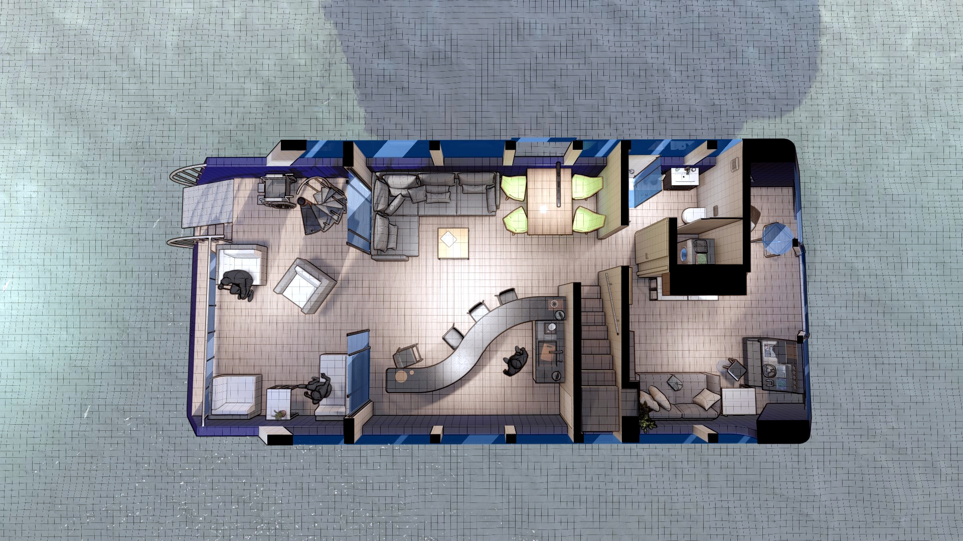 Rzut z góry na plan mieszkania z balkonem, salonem, kuchnią, łazienką i sypialnią, w stylu komiksowym, z widocznymi postaciami ludzi.