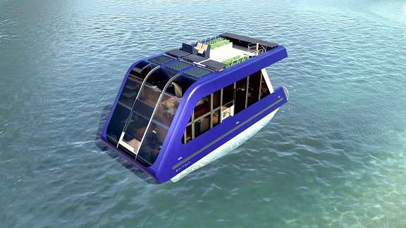 Wizualizacja futurystycznego, niebieskiego katamaranu z panelami słonecznymi i zielonym dachem, dryfującego po spokojnej, lekko falującej wodzie.