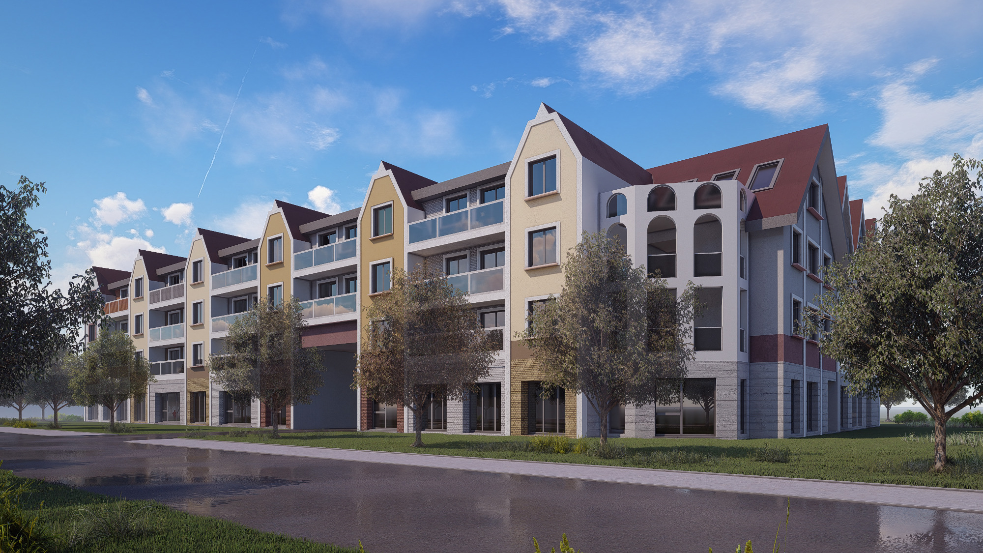 Wizualizacja budynku wielorodzinnego z balkonami i poddaszem użytkowym, utrzymanego w pastelowych kolorach z elementami architektury nawiązującej do kamienic, otoczonego zielenią i drzewami...