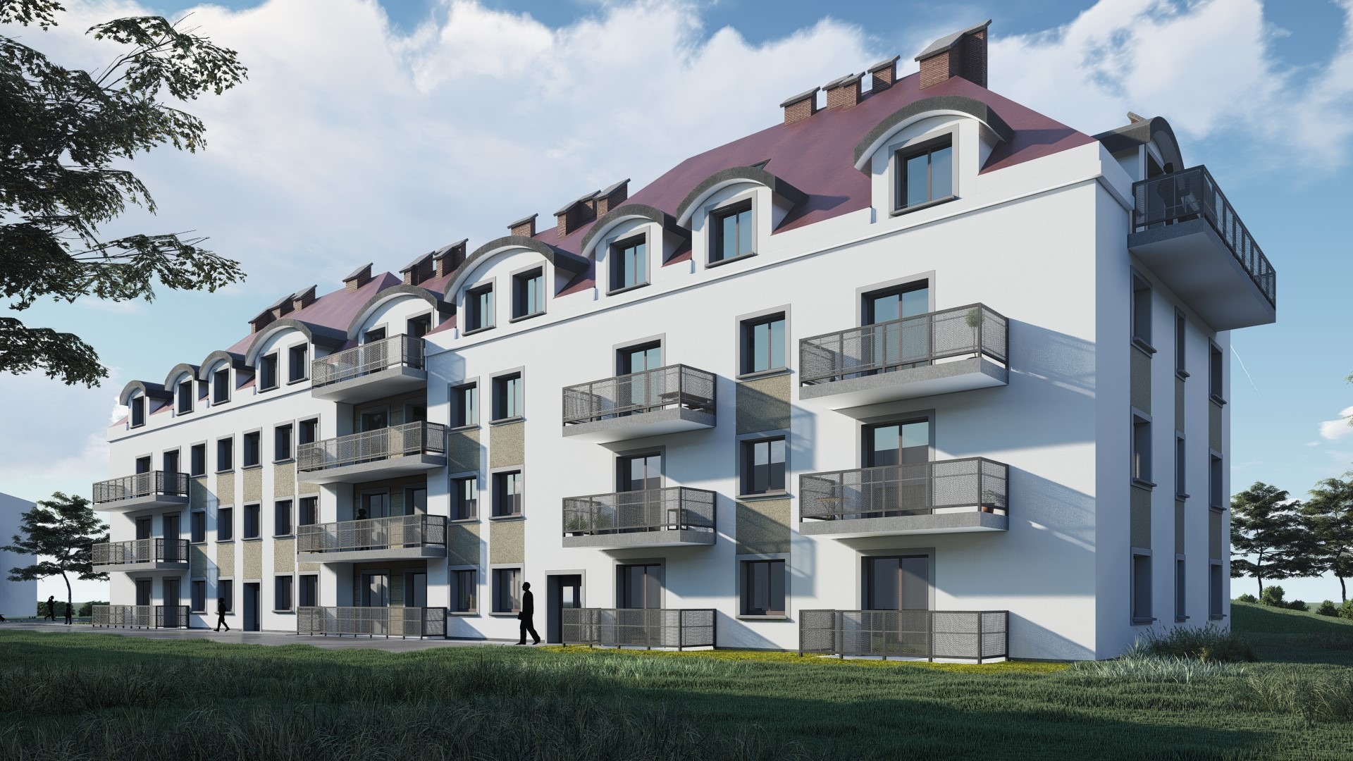 Wizualizacja architektoniczna budynku wielorodzinnego z balkonami i mansardowym dachem, z osobą przechodzącą obok.