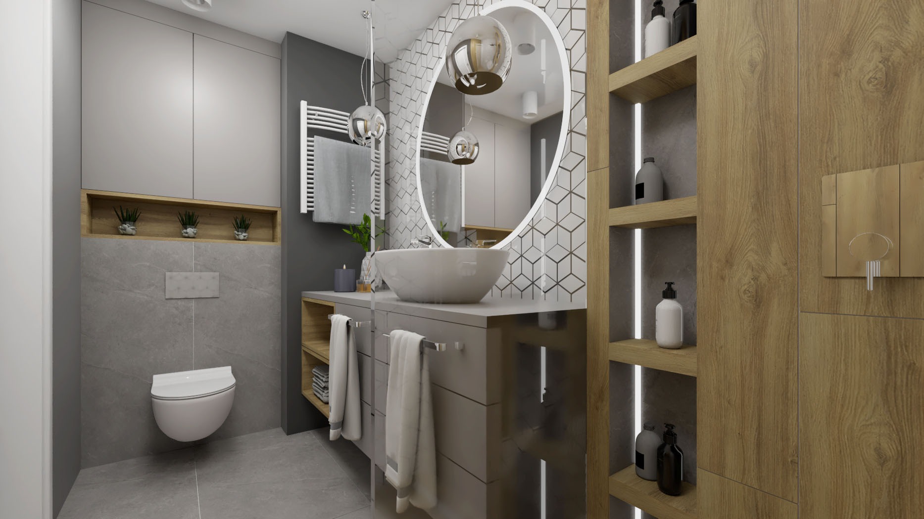 Wizualizacja nowoczesnej łazienki z owalnym lustrem, umywalką nablatową, grzejnikiem drabinkowym i drewnianymi półkami z oświetleniem LED.