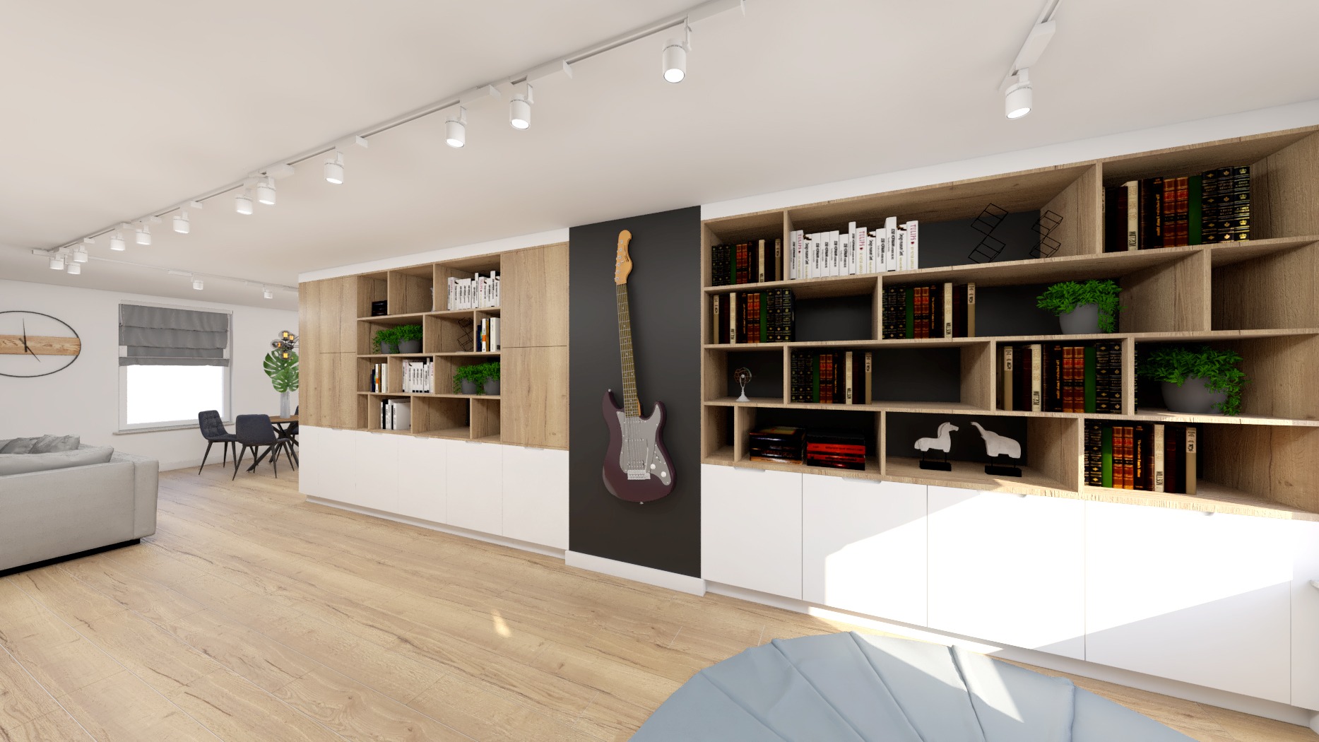 Wnętrze salonu z drewnianą podłogą, regałami z książkami i roślinami, oraz gitarą zawieszoną na czarnej ścianie, oświetlone punktowymi lampami sufitowymi.