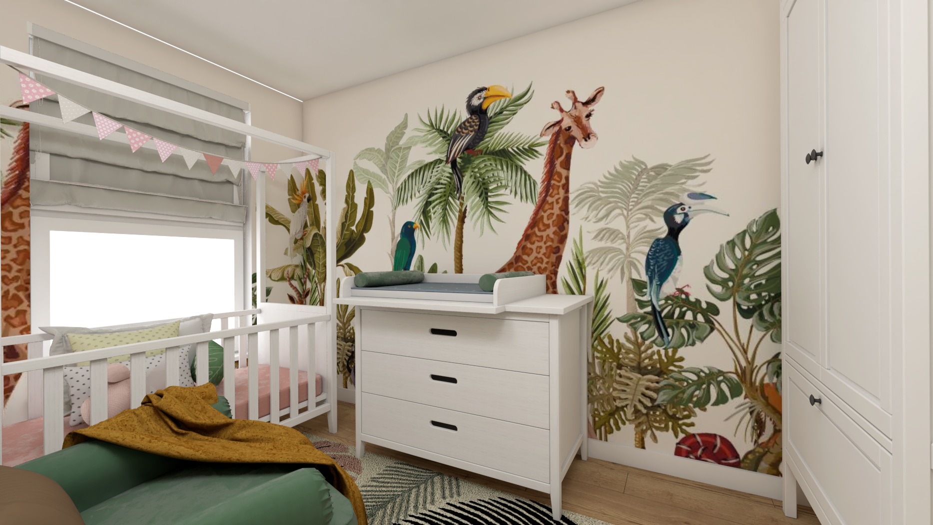 Wizualizacja pokoju dziecięcego z łóżeczkiem, komodą z przewijakiem i tapetą w motywy zwierząt z dżungli.